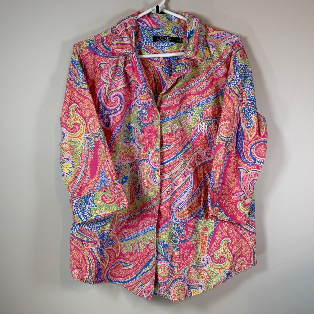 Lauren Ralph Lauren Shirt Womens Large Pink Paisley Cotton Coastal Colorful RLL